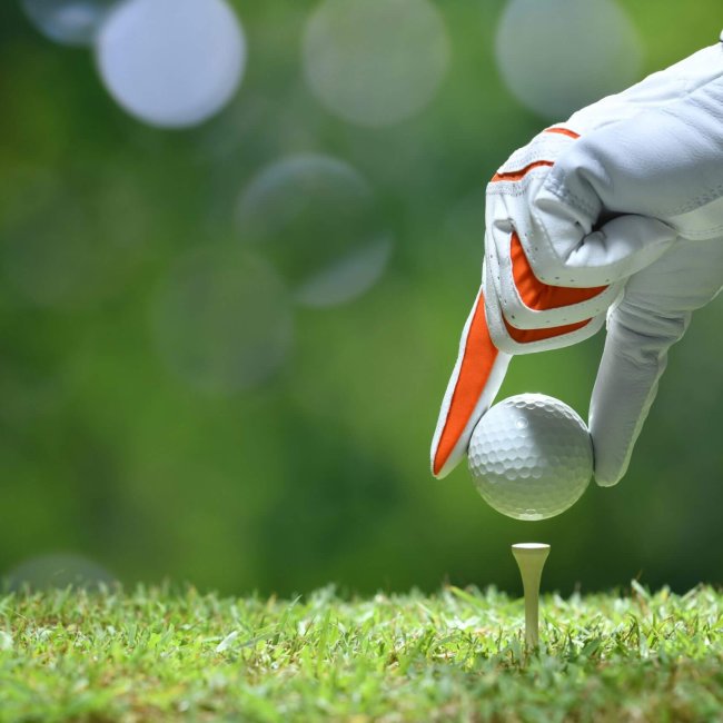 Hand hold golf ball with tee on golf course